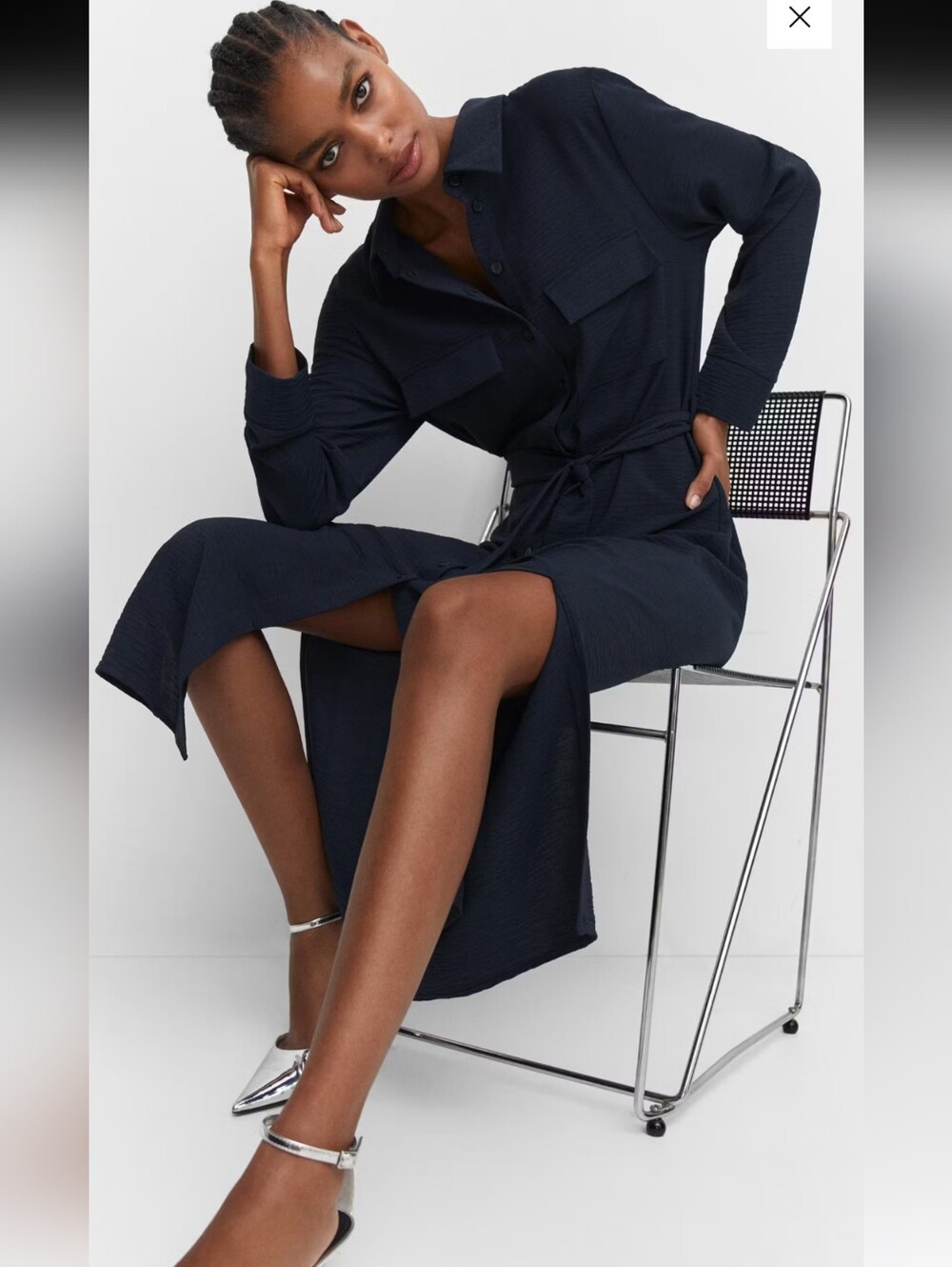 Mango Navy Button-Front Midi Shirt Dress with Tie Belt
